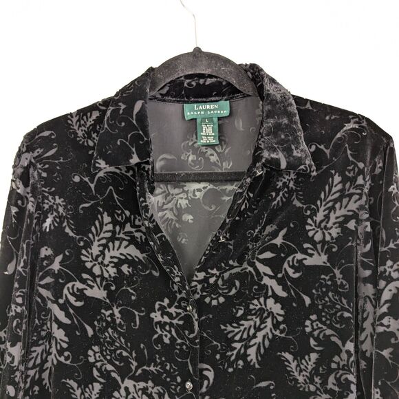 Vtg Lauren Ralph Lauren Velvet Top L Black Shirt Silk Sheer Button Whimsigoth - Picture 2 of 10
